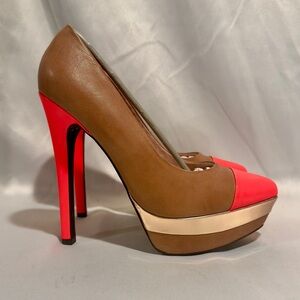 Vintage Betsey Johnson Leather Pumps Orange Beige Gold Platform Heels Size 9